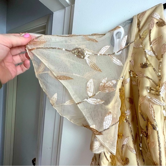 Ever Pretty Gold Shimmery Leaf Embroidered VNeck RuffleSleeves Maxi Dress NWT 2X - Picture 9 of 16